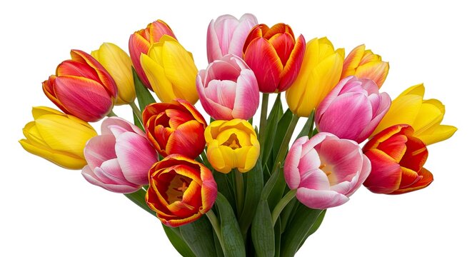 A bouquet of colorful tulips red yellow and pink hues with green stems set against a white background