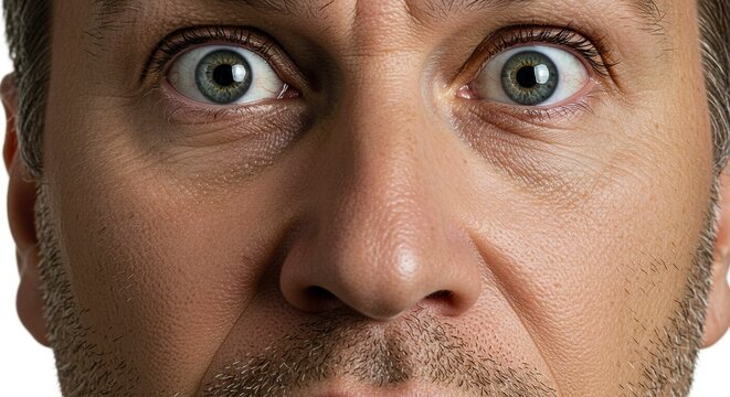 Closeup of a mans face showing shock fear or surprise with wide eyes wrinkled brow and visible skin texture