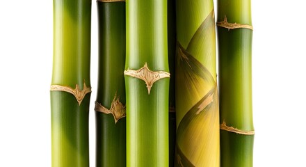 Obraz premium A closeup shows five green bamboo stalks against a white backdrop