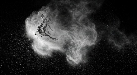 A dark smoky expanse featuring a light gray explosion and speckled stardust against a black backdrop