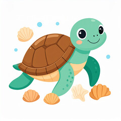 Baby turtle with seashells, kawaii style, child illustration, generated AI