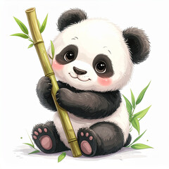 Cute baby panda with bamboo, child friendly illustration, generated AI