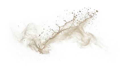 A dispersed cloud of light brown dust and liquid droplets against a stark white backdrop
