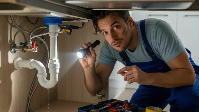 Plumber inspecting a leaking pipe under a kitchen sink with a flashlight. Handyman discovering a water damage problem. Professional home repair service concept