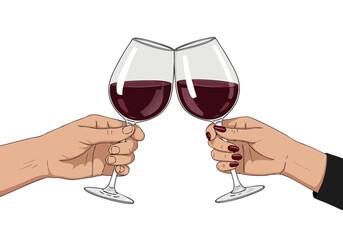 Elegant vector illustration of hands clinking red wine glasses in a cheerful toast, symbolizing celebration, friendship, and success for joyful occasions