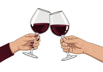 An artistic depiction of two hands clinking wine glasses, symbolizing shared joy, success, and intimate moments of cherished celebration