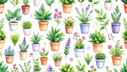 Watercolor Illustration of Various Potted Plants on White