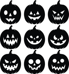 Obraz premium Collection of nine black silhouette halloween pumpkins with carved faces