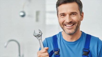 A smiling professional plumber holding a wrench. Portrait of a confident handyman ready for home repair. Reliable maintenance and service concept