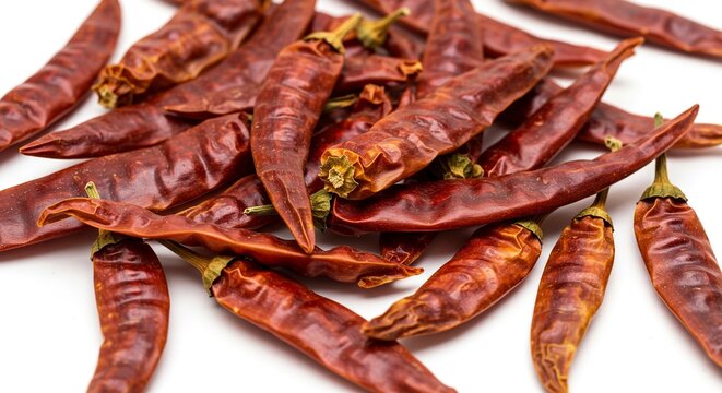 Closeup of dried red chili peppers with green stems against a white background
