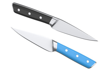 Set of chef's kitchen knives with a wooden handle isolated on white background. 3d render of butcher knives or professional kitchen utensils