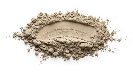 A heap of beigecolored powder displaying an arc shape on top situated on a white surface