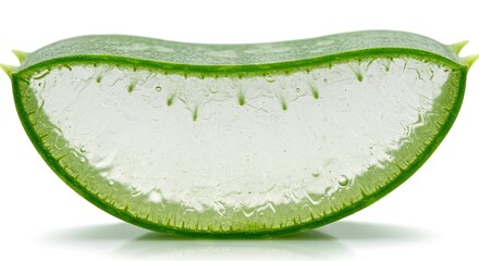 A halved aloe vera leaf showcases a clear gel interior with a textured green rind and small prickly spikes