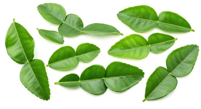 Closeup of vibrant green kaffir lime leaves on a bright white background