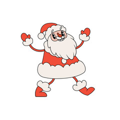 Funny happy walking Santa Claus character. Groovy retro style. Vector illustration isolated on white background.