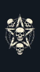 Dark Esoteric Design Pentagram with Five Skulls and Heavy Chains on Black Background