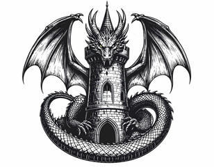 Mystical Dragon Guarding Ancient Tower Crest Emblem in Black and White Engraving Style