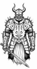 Fototapeta premium Dark Fantasy Warrior in Spiked Horned Armor Holding Sword Black and White Illustration