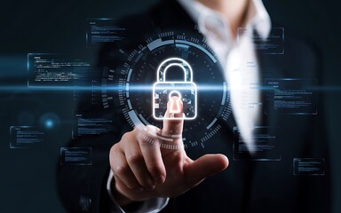Businessman touching digital padlock icon on virtual screen with source code. Concept of cybersecurity, data protection, firewall, encryption, secure access and technology safety.