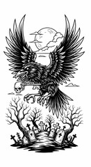 Obraz premium Dark Raven with Skull Above Graveyard Illustration for Halloween