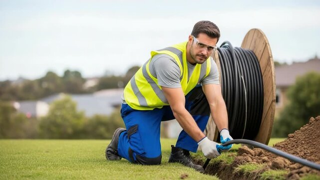 A technician installing a fiber optic internet cable in a trench. A construction worker laying underground communication lines. Infrastructure and broadband connection concept