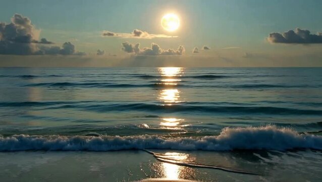 The image depicts a stunning sunset over Larache Beach in Morocco. The sky is filled with vibrant hues as the sun sets on the horizon, casting a warm glow over the calm waters. The beach is tranquil