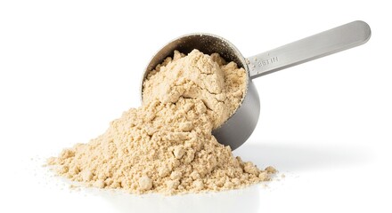 A measuring cup spills light brown powder on a white surface with a shadow