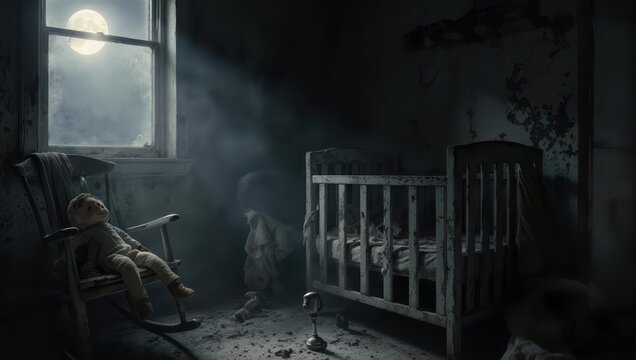 A Spooky Haunted Nursery Room with a Ghostly Figure by Moonlight.