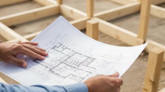 An architect holding a blueprint at a construction site. An engineer reviewing a house floor plan. Building and real estate development concept