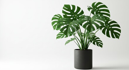 A monstera plant with lush green leaves sits in a black pot against a white backdrop