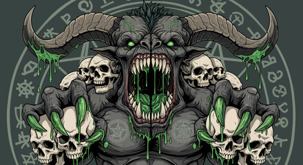 Evil Monster with Skulls Illustration Horror Graphic for T shirts and Posters