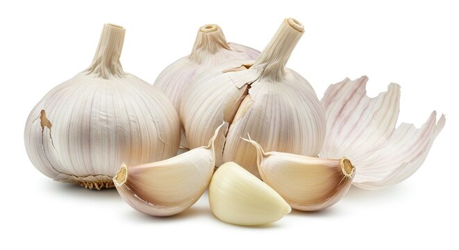 Four garlic bulbs three peeled cloves and a loose outer layer are arranged