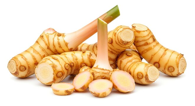 Galangal roots piled cut and whole pieces with visible rings and stalks on a white background