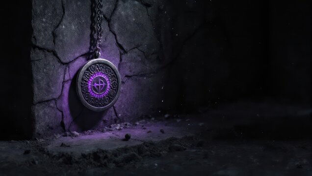 Mysterious glowing amulet hanging in a dark, cracked stone chamber, emanating an eerie purple light.