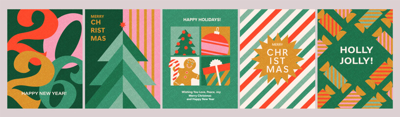 Merry Christmas, Happy New Year posters, greeting cards, covers. Modern geometric style. Green, red, pink, golden holiday colors. Design for season greetings, ads, shop sale.