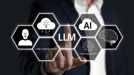 Futuristic concept of artificial intelligence and large language models (LLM) with glowing AI icons and human hand interface. Innovation in machine learning and digital transformation.