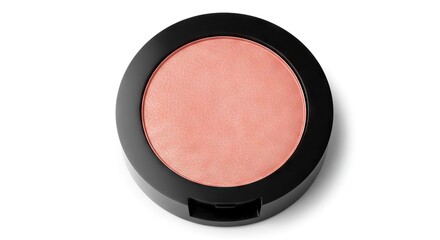 A peachcolored blush in a black circular compact on a white background