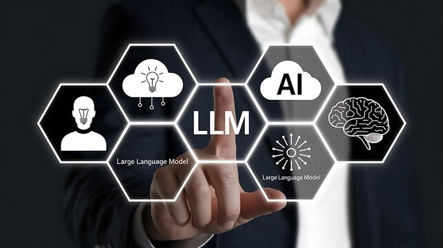 Futuristic concept of artificial intelligence and large language models (LLM) with glowing AI icons and human hand interface. Innovation in machine learning and digital transformation.
