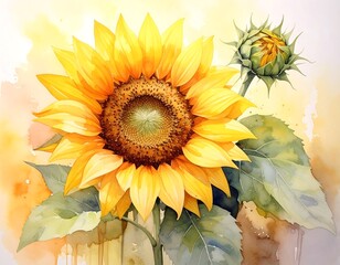 Watercolor illustration of vibrant sunflower and bud