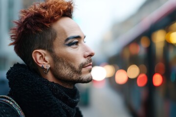 Stylish queer man with makeup waiting at city bus stop
