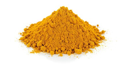 A pile of vibrant yellow turmeric powder forming a conelike shape on a white surface