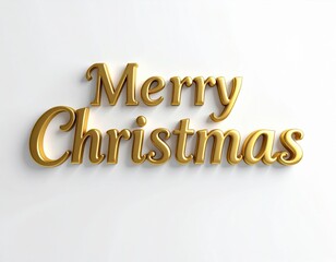 Fototapeta premium Golden shiny Merry Christmas greeting text beautifully renders on a clean white background, creating a festive holiday message for celebrations.