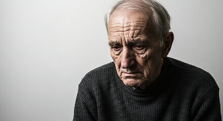 Obraz premium Older man with grey hair deep facial wrinkles and a dark sweater sits against a plain background