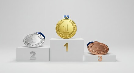 A podium with gold silver and bronze medals arranged on different levels