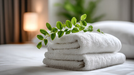 Fresh White Towels with Green Leaf on Bed in Cozy Hotel Room