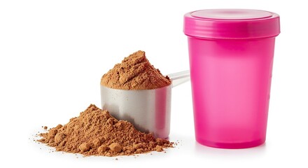 A scoop of brown powder next to a pink shaker cup all on a white background