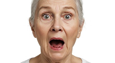A senior woman with wide eyes mouth open showing a look of surprise or shock