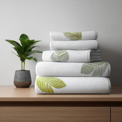 Stack of White Towels with Green Leaf Design and Potted Plant on Wooden Surface