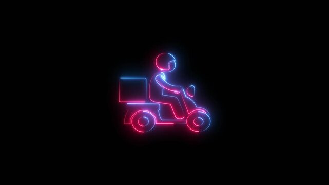 Neon glowing motorcycle icon animation , neon man and motor cycle animated with black background. animation concept. Fast delivery by motorcycle icon, delivery man riding a scooter.