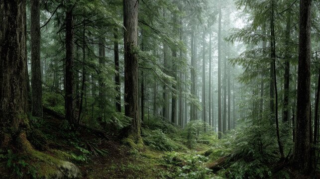 Dewy Morning Western hemlock forest panorama